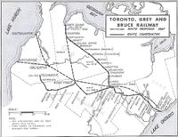 The originally-planned and eventual route of the Toronto, Grey & Bruce Ry. Page 4 of "The Toronto Grey and Bruce Railway 1863 - 1884", by Thomas F. McIlwraith.