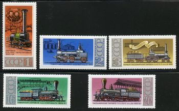 4744-4748 1978. Early Russian locomotives. 4744 depicts the first Russian locomotive with its designers, Yefim and Miron Cherepanov
