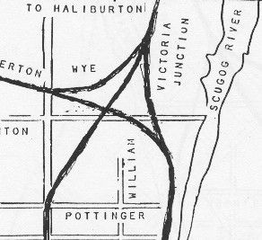 In 1877, the Victoria Railway obtains the right to build a track right into downtown Lindsay to share a "union station" with the Whitby, Port Perry & Lindsay Railway. This configuration lasts until 1883.