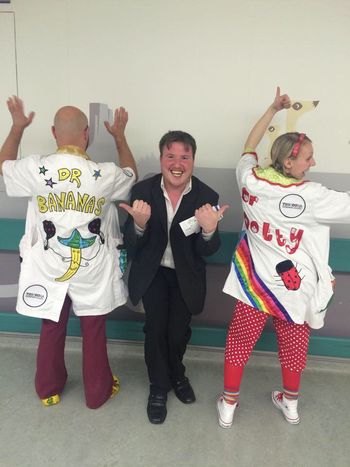 Paul Manners with childrens entertaining doctors Bananas and Dotty.
