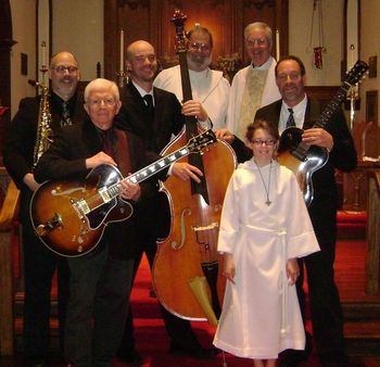 The Centerpiece Liturgical Jazz Mass Group (L-R): Robert George - sax; Dick Hull - guitar; Ben McPherron - bass; Joseph Hasty - guitar (also pictured members of Grace Church clergy and acolytes)
