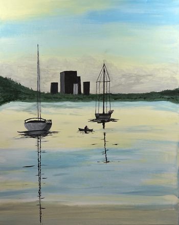 "Rowboat in the Bay", acrylic
