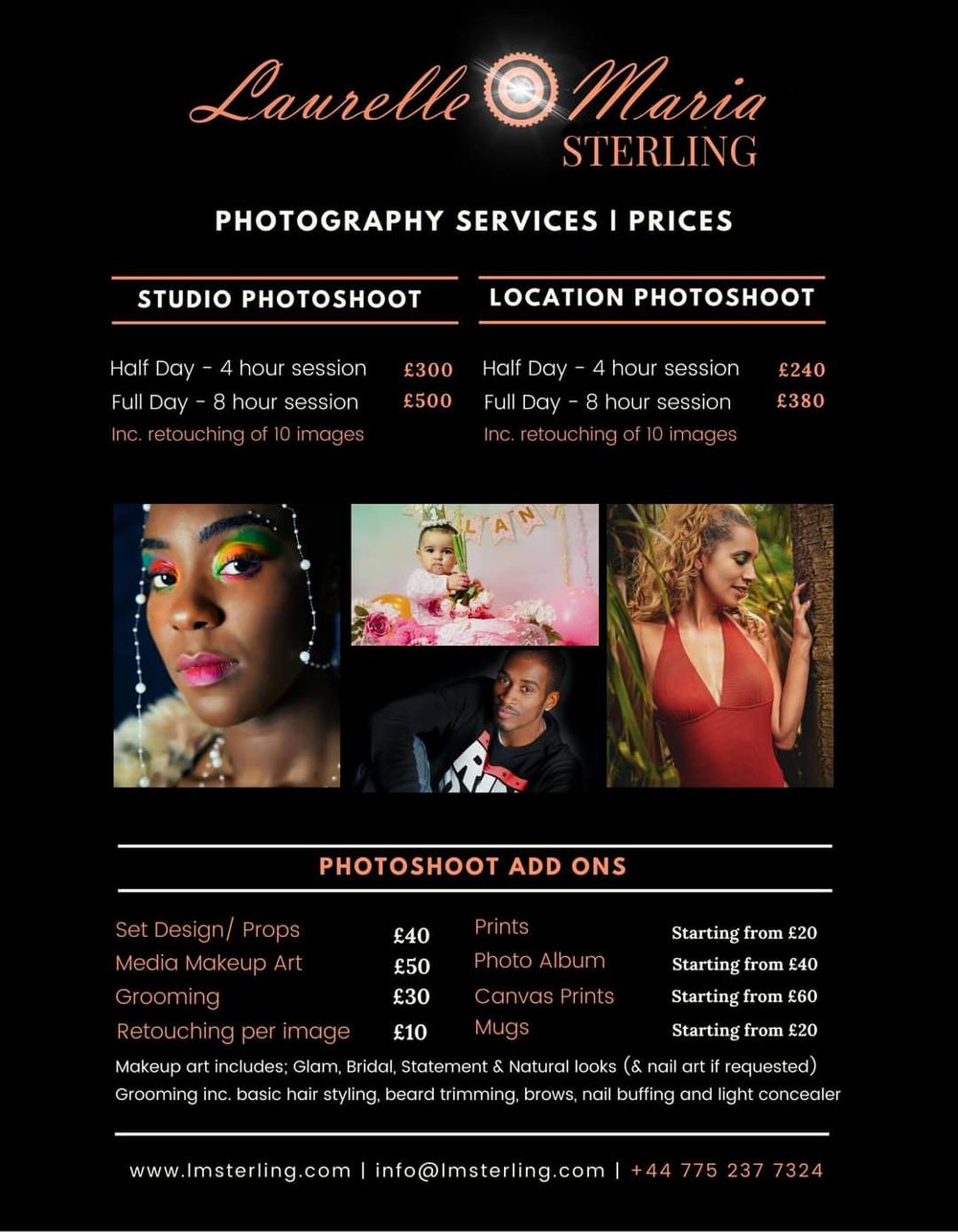 PHOTOGRAPHY SERVICES & PRICES - AVAILABLE NOW!

(additional creative media service fees coming soon)

www.lmsterling.com