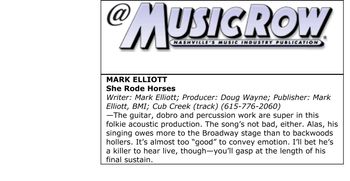 Music Row Magazine of "She Rode Horses" single off Mark's "My Great Escape" Album
