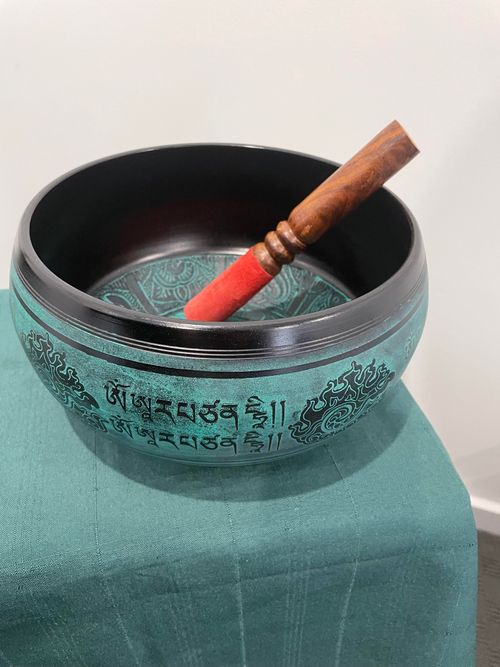 The sound of a singing bowl can be useful as it can help to relax your mind, your body and your nerves.