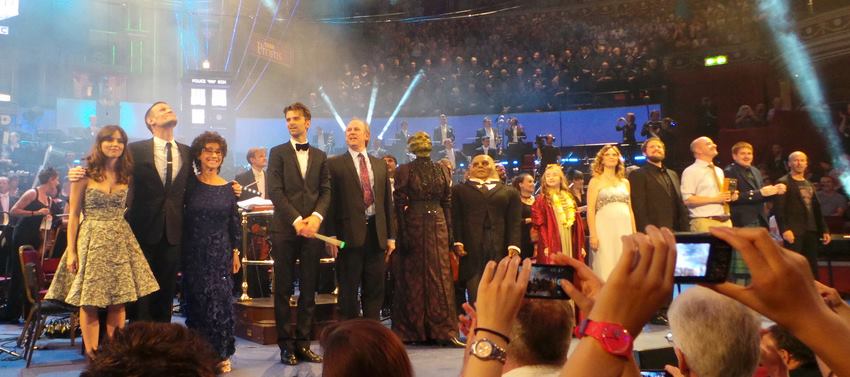 The picture above shows Jenna Coleman (Clara), Matt Smith (The Doctor), Carol Anne Ford (Susan), Ben Foster (Conductor, Orchestrator), Peter Davison (The Fifth Doctor), Neeve McIntosh (Vastra), Dan Starkey (Strax), Kerri Ingram (Queen of Years), Elin Manahan Thomas, Allan Clayton, Nick Briggs (Voice of the Daleks, Cybermen, Judoon, etc), me and Murray Gold (Composer).