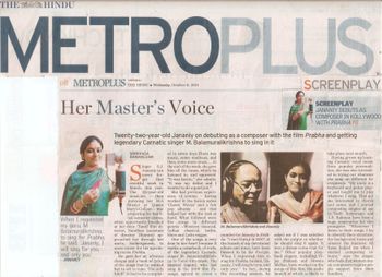 


jananiy -The Hindu article dt  08-10-14 about her Music Direction for the movie Prabha




