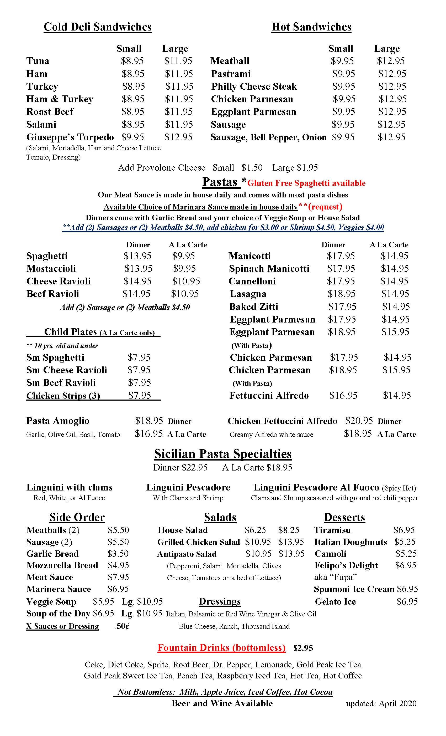 Giuseppes Pizza Apple Valley Our Menu