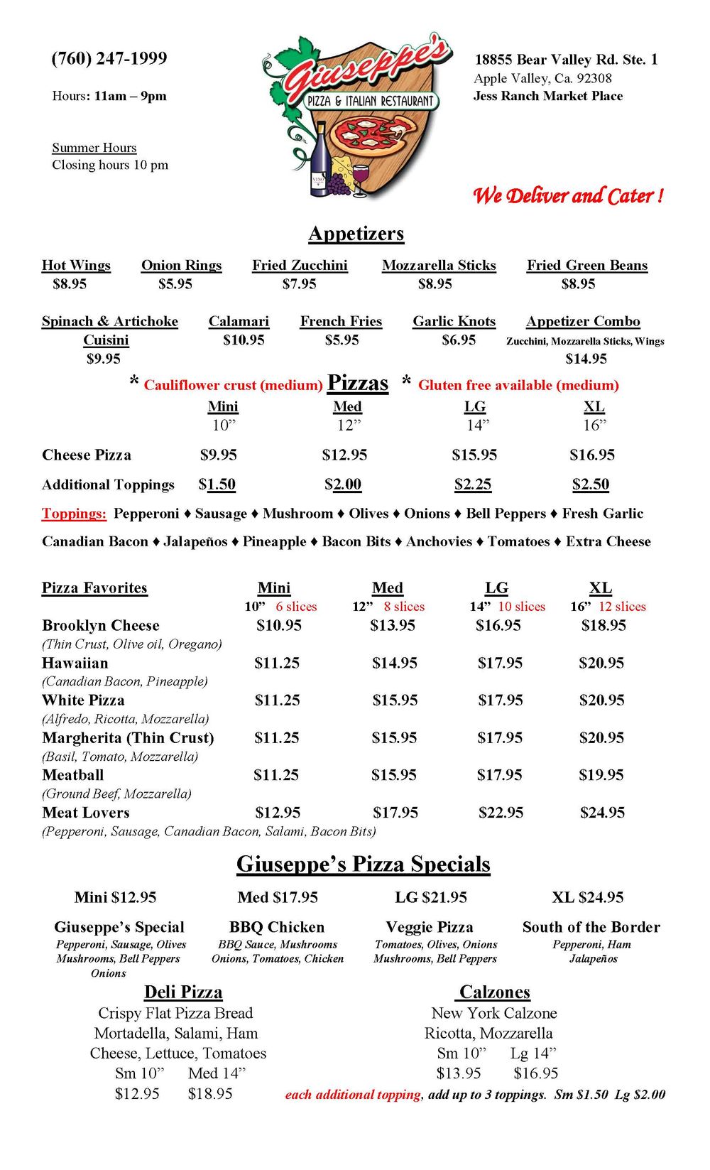 Giuseppes Pizza Apple Valley Our Menu