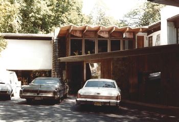 Driveway in back of the Mahwah house. White area above garage was his TV Control Room.
