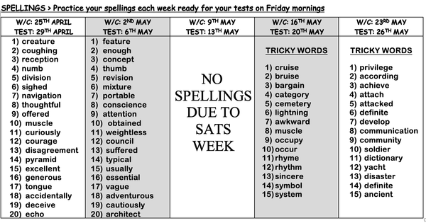 Here are this half terms spellings with all dates included. This term we will be focusing on tricky words and words from the year 5/6 common misconception words.
