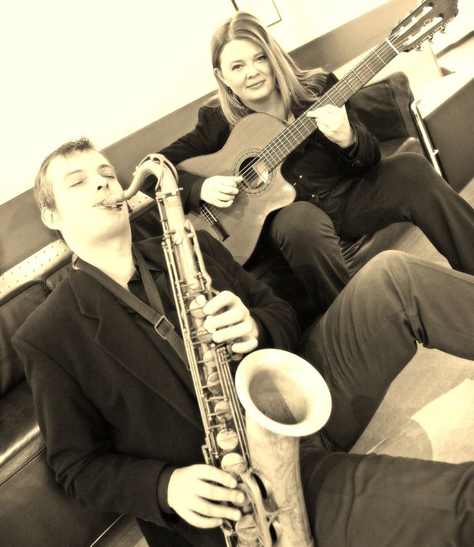 jersey's bossa basseline duo on sax and guitar at arts centre