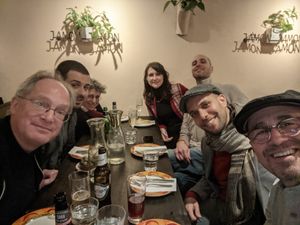 Post-performance meal with Martin, Yoav, Ilana, her friends, Yair, and me