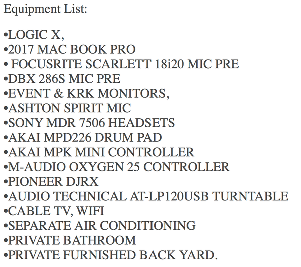 Studio Equipment List