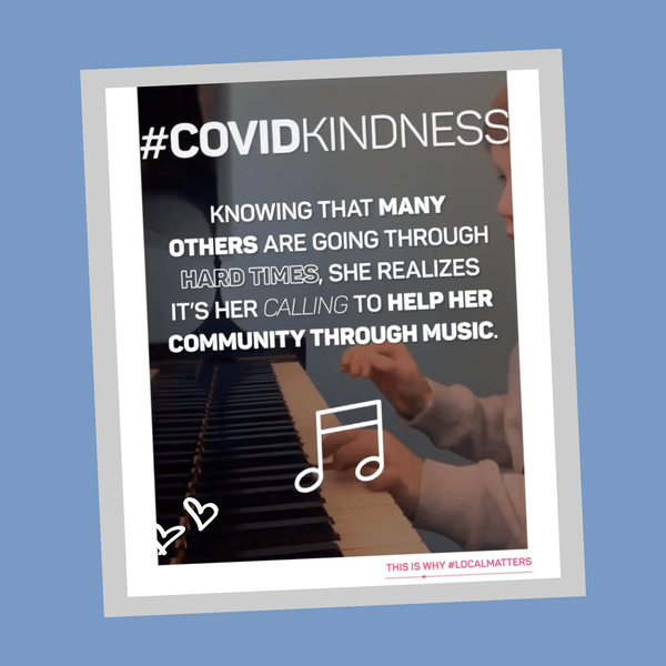 Video news clip sharing Katie Ann's #covidkindness story; helping her students cope by playing piano. 