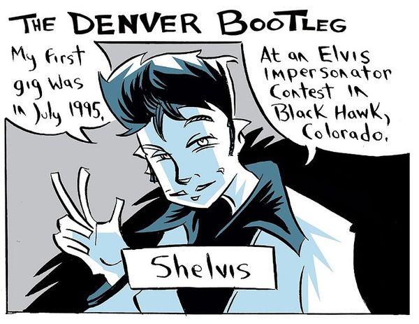 Shelvis was featured in the Denver Westword cartoon, The Denver Bootleg, on October 4, 2017. Check out the story of her first gig!
