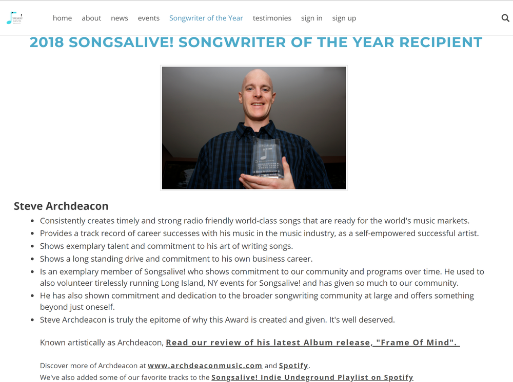 Very honored and grateful to be named the Songsalive 2018 Songwriter of the Year! 
