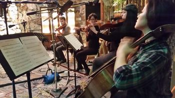 Right to left: Rebecca, cello, Brianna, viola, Jordan, violin and Andrew, violin and concertmaster, strings arranger par excellance, in the studio, November, 2015.
