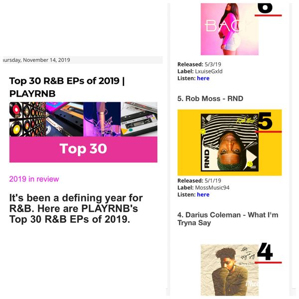 Rob Moss "RND" listed as the 5th best R&B Ep of 2019 by "Play R&B" 