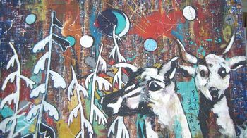 'to find it follow the moon' they said, 'but dear, which one were they talking of?' said deer. ' Oh, I don't know. They didn't say.' 62" X 86" Mixed Media
