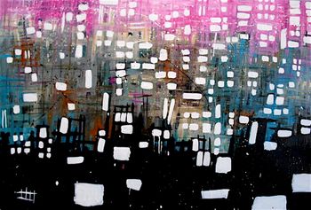 This is the background of a heartwrenching and beautiful little story. Mixed media on canvas 36” X 60” SOLD
