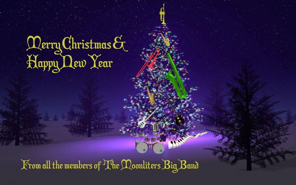 holiday card, The Moonliters Big Band, tree in a snow covered forest covered in instruments, dark purplish background, gold text, tree decorated with Christmas lights