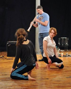 Trio improvisation with movement artists  Emilie Jensen and Jenny Sawyer at Philadelphia's Mascher Space for the H-O-T Series. This was my first improvisation with movement artists. Photo by Mary Arden.