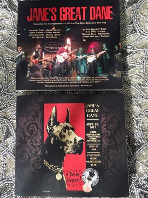 Jane's Great Dane presents a live CD recorded at The Bitter End in NYC in September, 2018. 10 Tracks of goodness, including 6 originals.