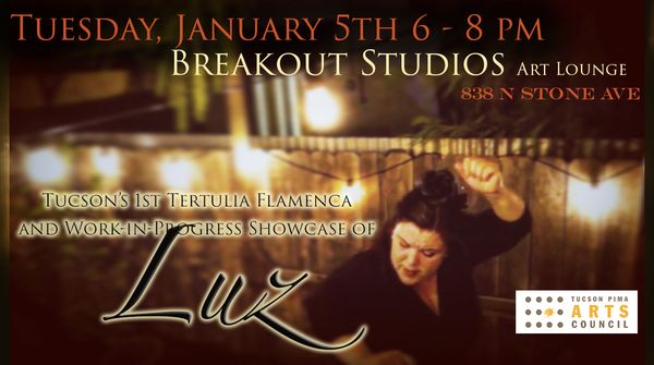 The first of several events for Luz!!!! 
Tucson, AZ 
TUESDAY, JAN. 5 at BreakOut Studios 
To:
1) CELEBRATE the close of our Hatchfund campaign, 
2) PRESENT a “work-in-progress” showcase of Luz choreography, 
3) PREMIERE Tucson’s first “Tertulia Flamenca” This event will be my way of sharing the work of Luz with the Tucson Community – through both presentation and conversation. And, there will be wine! Attend and celebrate with us! To contribute to this special project, please visit http://www.hatchfund.org/project/luz