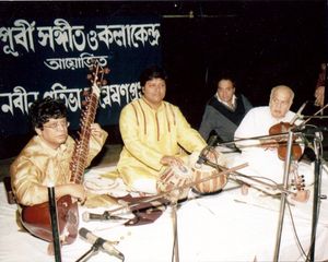 Sitar Concert Artist Aloke Dasgupta with Violinist Pt VC Jog and Tabla Player Subhankar Banerjee at Mahajati Sadan Auditorium. [2002]