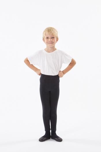 Boys of all ages: black boys' ballet tights, black ballet shoes, white tee shirt
