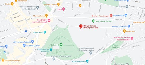 Pop-up image of map locating Ukrainian Community Centre at 14 Royal Terrace, Edinburgh FC's venue