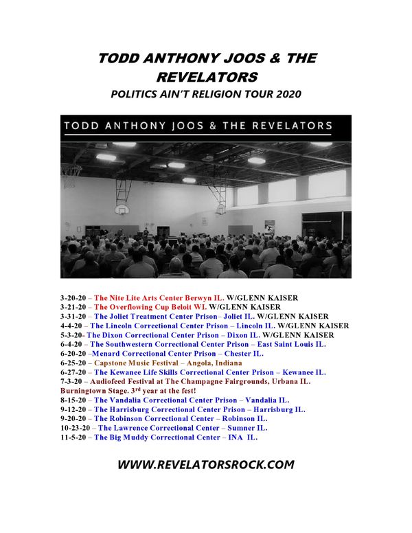 Tour update! We will be back at The Audiofeed Festival again this Summer! CLICK the above tour flyer to visit the Audiofeed website! Make the trip. It's a great time. The fest is superb! It's our 3rd year back and the fest folks we see every year are really a part of our Revelator Family and they've welcomed us as Audiofeed Family too❤️. More on the details as we get closer to the festival dates. **We are also going to be at The Capstone Fest this year 0n 6/25/20 in Angola Indiana! We are excited to be at Capstone for the first time! Our REV Family continues to Grow...
**Dates are being added daily to the 2020 "POLITICS AIN'T RELIGION TOUR". 