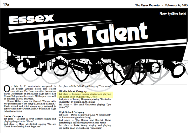 2013 - The Essex Reporter - 
Bethany Wins First Place in Essex Has Talent Middle School Category