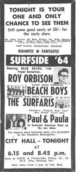 Surfside '64 Tour Newspaper Ad for their show in Tasmania, January 1964
