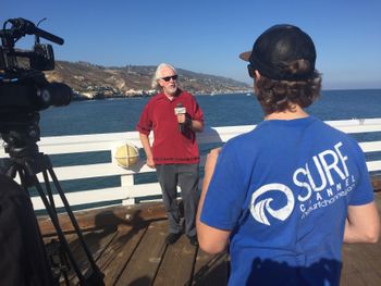Bob Berryhill being interviewed by The Surf Network on the Malibu pier
