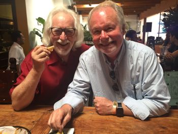 Bob Berryhill & Bob Spalding of The Ventures eating chips and salsa before soundcheck at The Malibu Inn show
