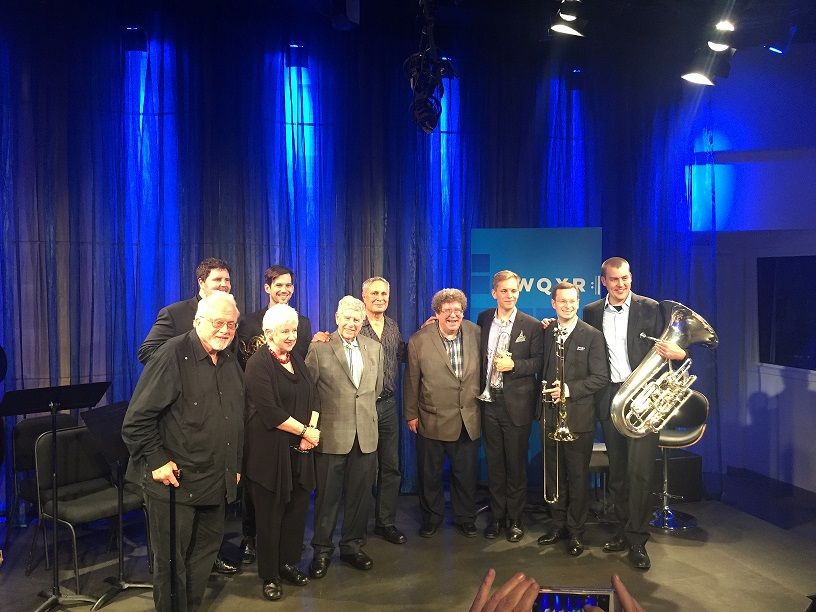 Flanked by the Gaudete Brass Quintet are (L-R) composers William Bolcom, Joan Morris, host Robert Sherman, John Corigliano, and Eric Ewazen
