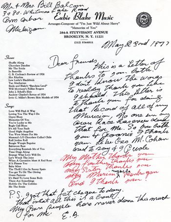 1977 letter from Eubie Blake to Bill & Joan
