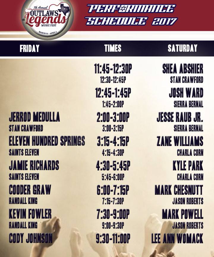 Outlaws and Legends Music Festival Schedule