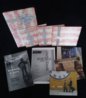 <p> 'Sue and Dwight' music CDs, a poetry zine, and a book of anecdotes about Sue's busking experiences in the Toronto subway system are all available online for holiday gifts. Gift wrapped at no extra charge. </p>

<p> Here's how... </p>

<p> 1. Make your selection at the 'Sue and Dwight Music Store' http://sueanddwight.com/music-store and pay via PayPal or using your credit or debit card (link under the PayPal info) </p>

<p> 2. In the Notes section at Checkout, include the name and address of the recipient and what you'd like printed on the gift tag, and we'll take care of the rest! </p>