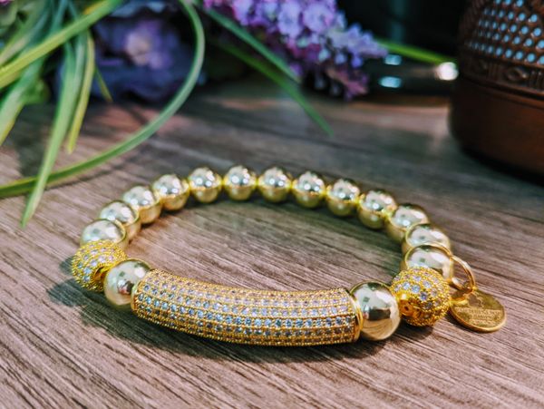 18K Gold Plated Hematite Bracelet with Zircon Gemstone Beads + Bar