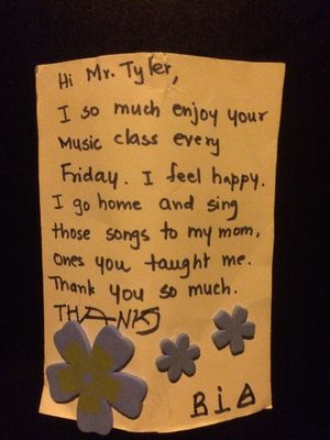 Mr. Tyler, Itty bitty Rockers super talented & popular teacher gets a thank you note from student, Ria in Irvine.