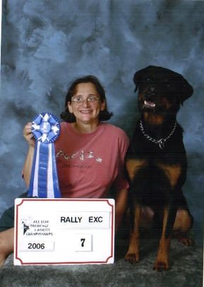 Phantom Wood Hyperion, RE, OA, OAJ, TD, (Mace) placing at the All Star Obedience and Agility Championship in Rally Excellent with owner Brenda Finnicum. See the "H litter" page for Mace's complete list of titles and stats.
