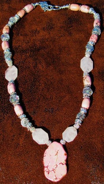 Handmade pink turquoise, quart, silver necklace. $85.00
