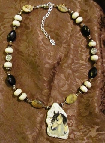 Hand painted, buckskin Appaloosa, gemstone necklace. $85.00
