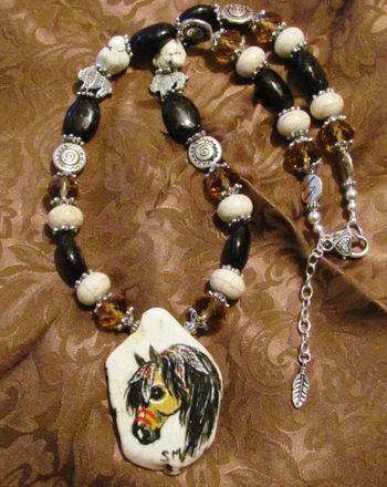 Gemstone necklace, native horse, hand painted $85.00 sold.
