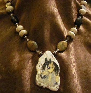 Gemstone necklace, handpainted 2" turquoise pendant. Buckskin Appaloosa $85.00
