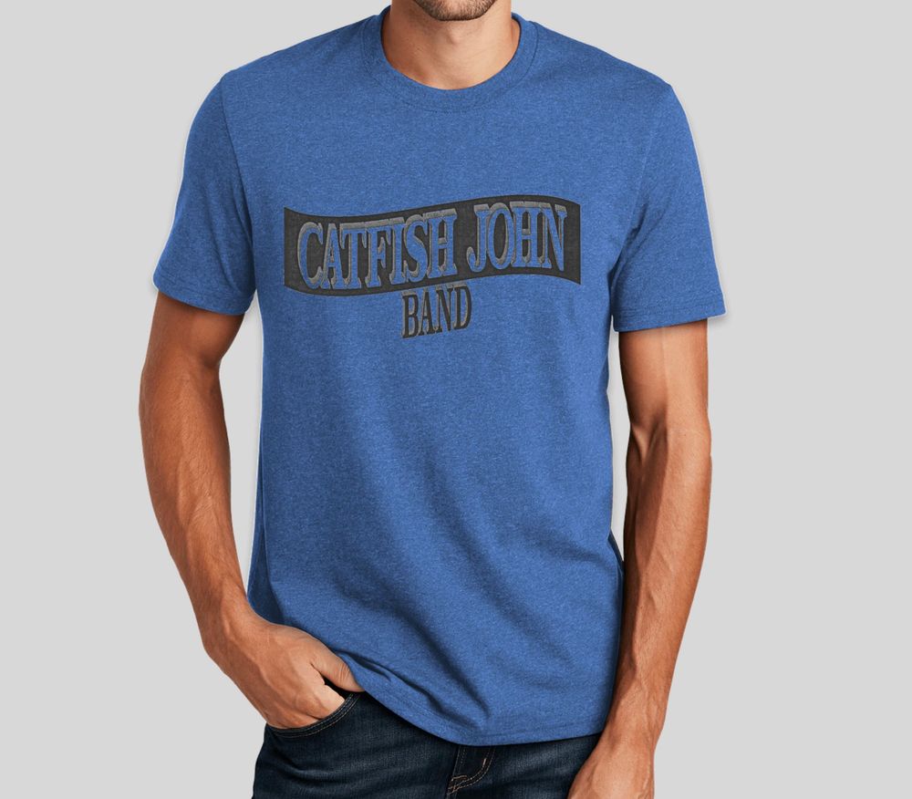 Catfish John Band T shirt made of recycled material. The "Re‑Tee" is 100% recycled fabric. Faded black logos on a blue t-shirt. Get free "Blues With A Feeling" album with order. $28 specify size  (click on photo to order)