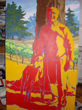 To show where the darks and lights go. Dark is red, yellow is light. Background is developing. This canvas is 3'x5'
